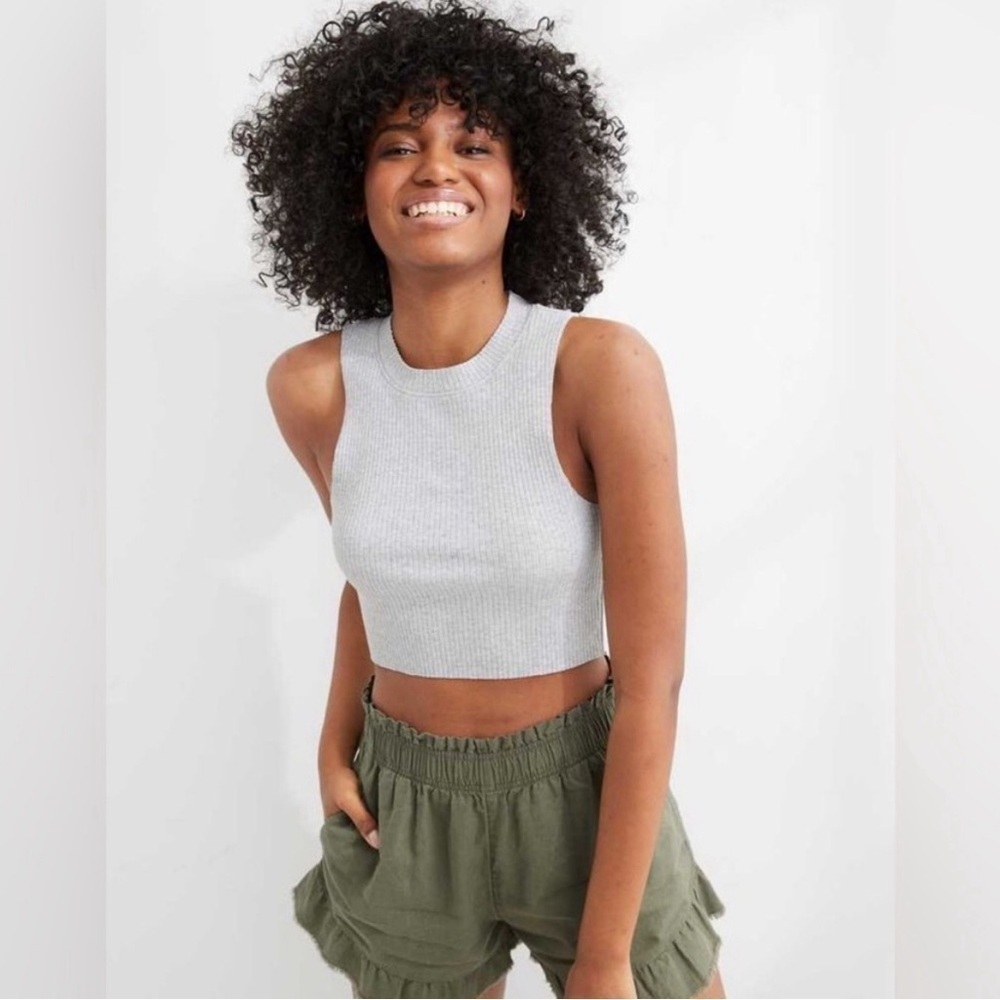 Aerie - Rebel Cropped Tank Top Raw Hem Heather Gray Ribbed High Neck Size Small